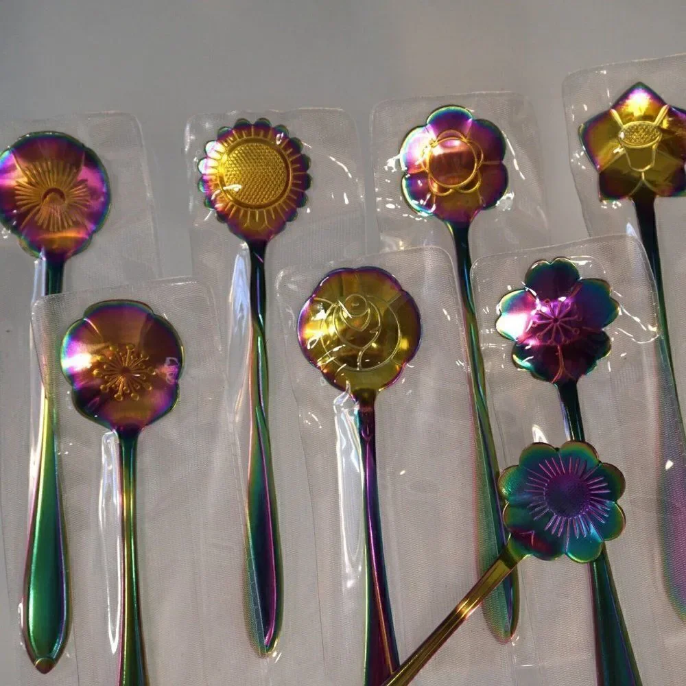 Flower Spoon Set Rainbow Color Stainless Steel Tableware Creative Coffee Spoons